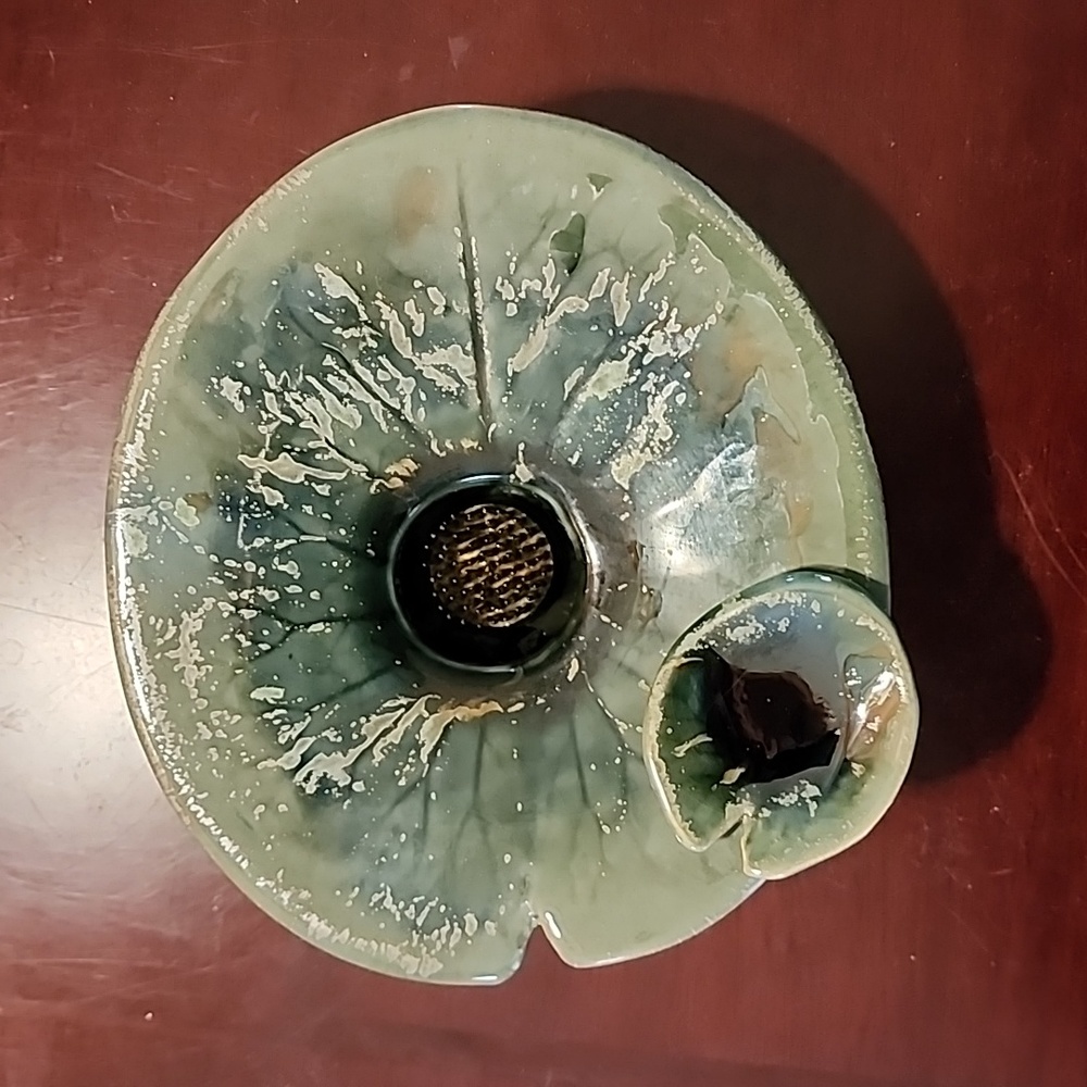 Art Pottery Ikebana Vase Lily Pad Metal Flower Frog Drip Glaze Signed